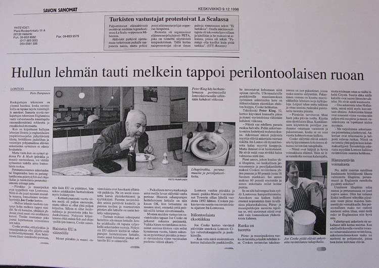 35 Mad Cow disease nearly killed traditional London dish published Savon Sanomat December 1998